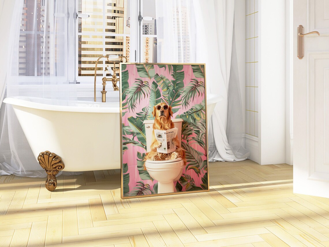 Golden Retriever Sunglasses Newspaper Toilet Funny Bathroom Poster - Image 5