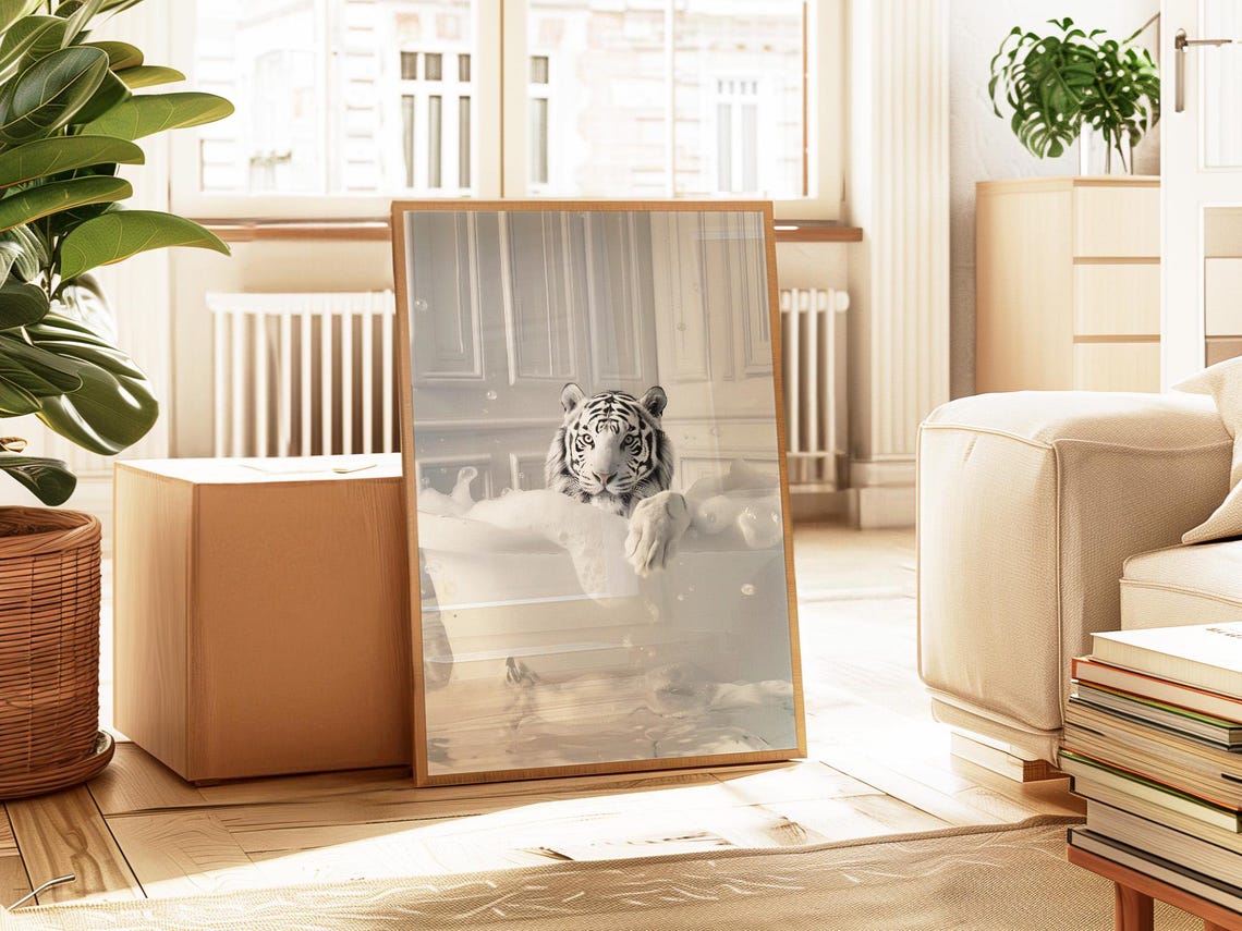 White Tiger In A Bubble Bath With White Mat Border Funny Poster - Image 2