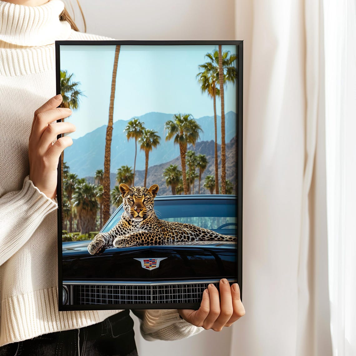 Leopard Lounging On A Black Cadillac With Tall Palm Trees Poster - Image 2