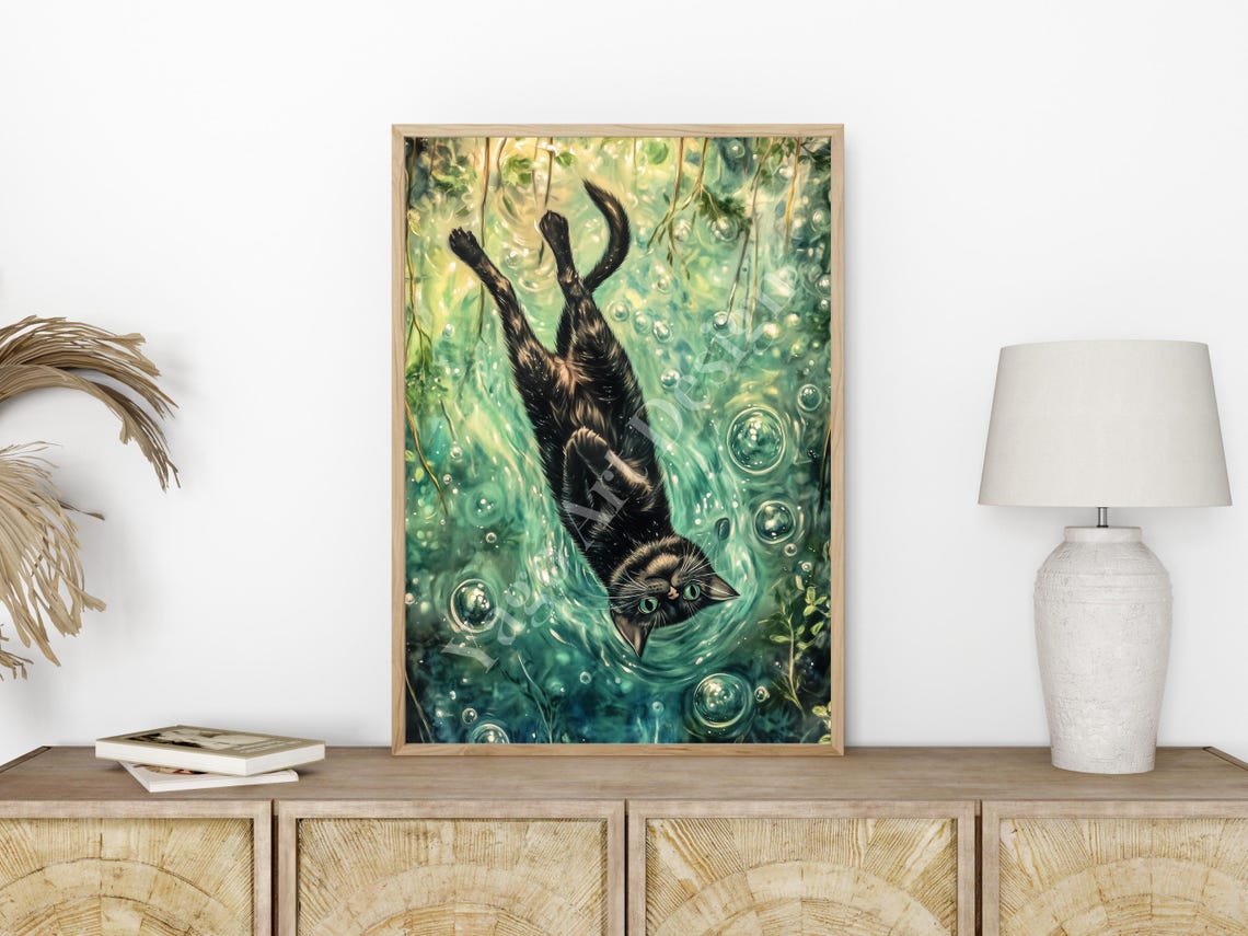 Black Cat Swimming Upside Down Green Pond Bubbles Funny Poster - Image 2