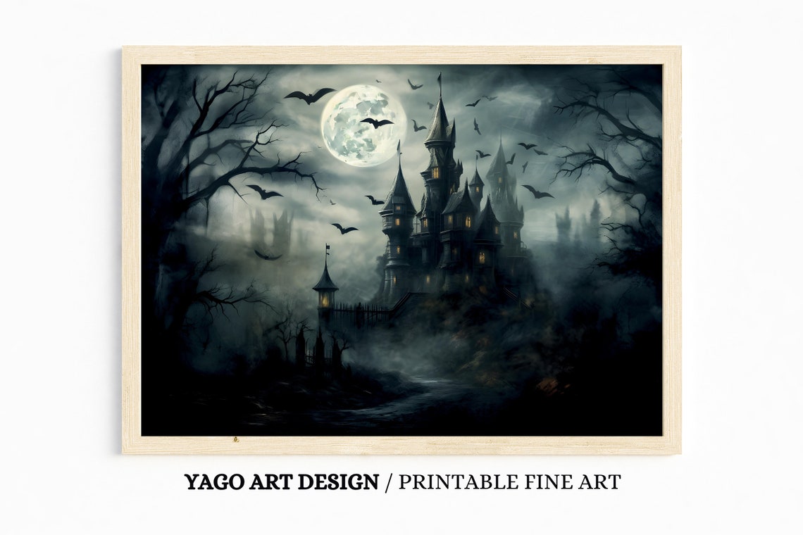 Haunted Castle Under Full Moon with Bats Spooky Halloween Poster