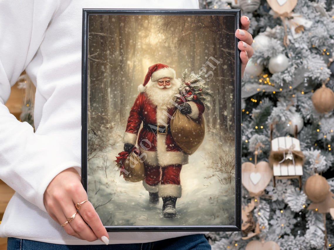 Santa Claus Walking Through Snowy Forest Poster Winter Night Art - Image 4
