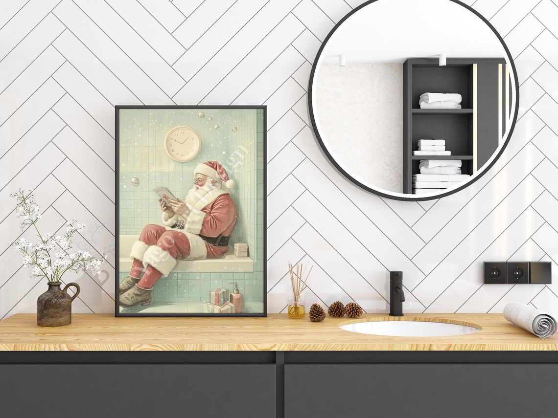 Santa Claus Reading Newspaper on Bathtub Edge Vintage Christmas Poster - Image 3