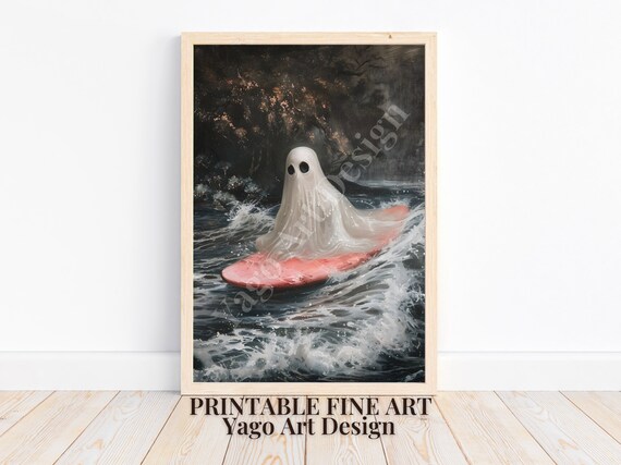 Ghost Surfing Pink Surfboard Ocean Wave Funny Halloween Poster