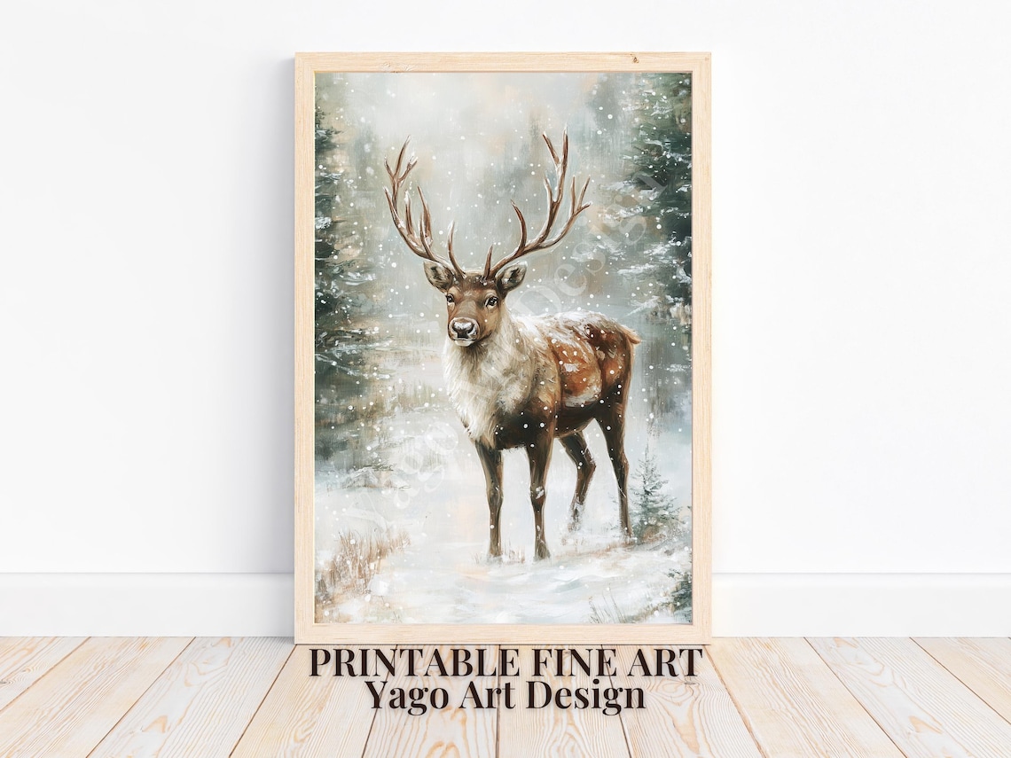 Reindeer in Snowy Forest Poster Winter Woodland Wildlife Fine Art