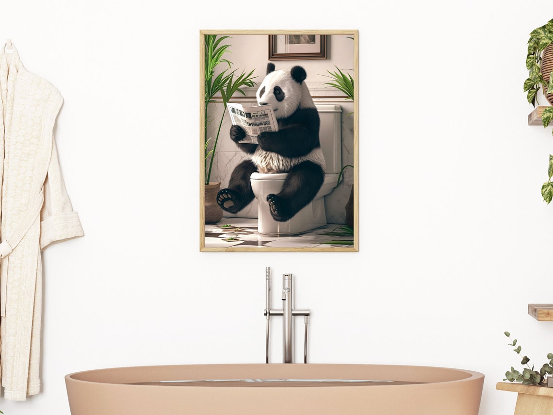 Cute Panda Reading Newspaper on Toilet Funny Bathroom Decor Poster - Image 3