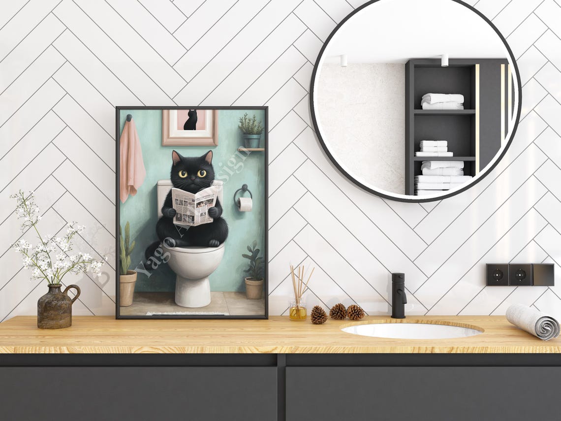 Black Cat On Toilet Reading Newspaper Mint Funny Bathroom Poster - Image 2