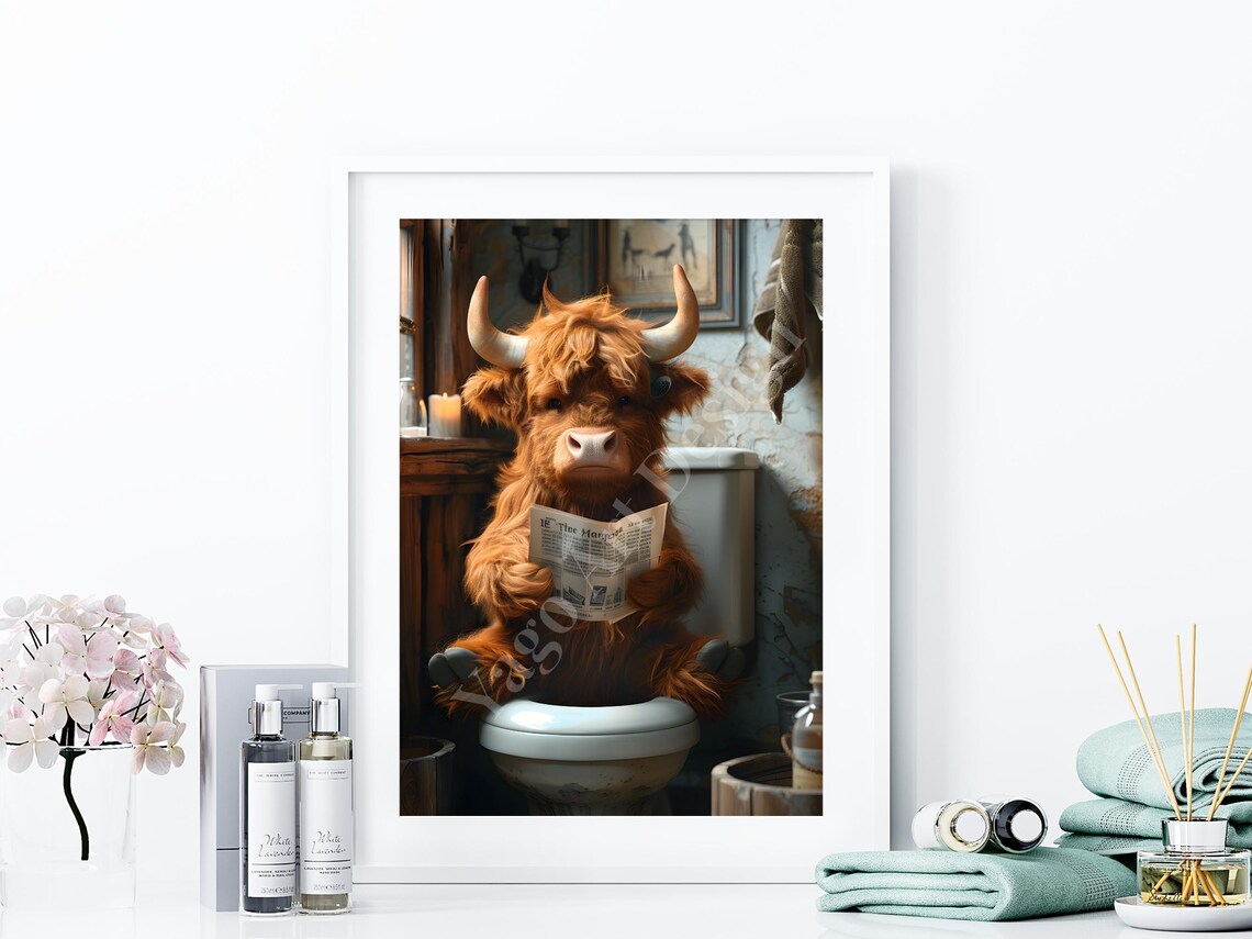 Highland Cow On Toilet Reading Newspaper Funny Bathroom Poster - Image 4