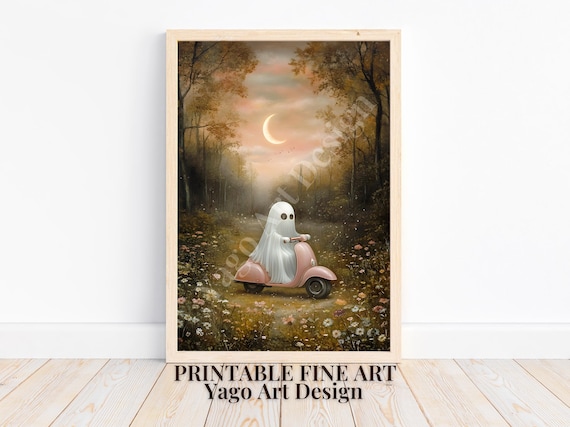 Cute Ghost Riding Pink Scooter through Forest at Sunset Poster