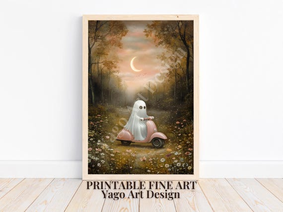 Ghost Art Ghost On Moped In Forest Meadow Cute Ghost Painting Art Ghost On Pink Moped Autumn Ghost Painting Vintage Girly Art Print