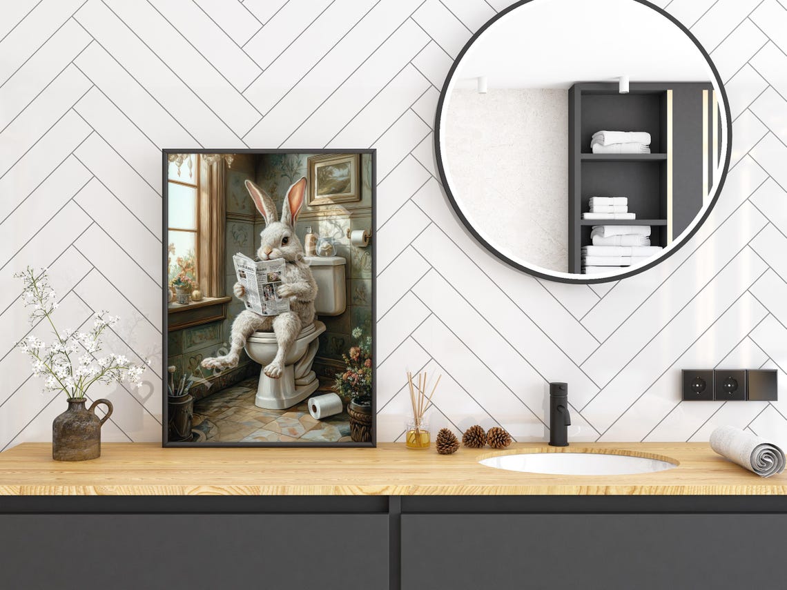 White Bunny On Toilet Reading Newspaper Funny Bathroom Poster - Image 2
