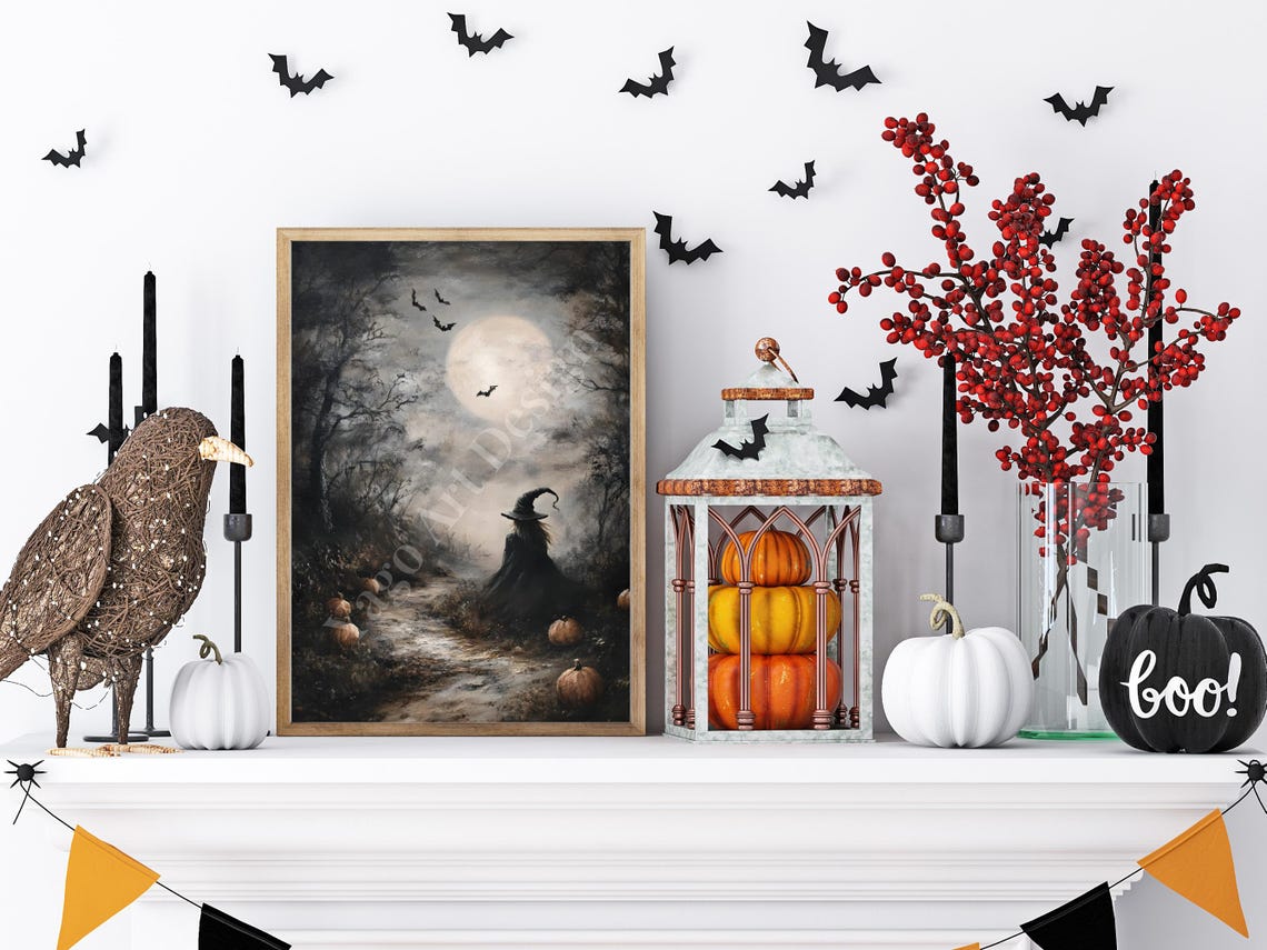 Spooky Witch Walking in Moonlit Forest with Pumpkins Halloween Poster - Image 4