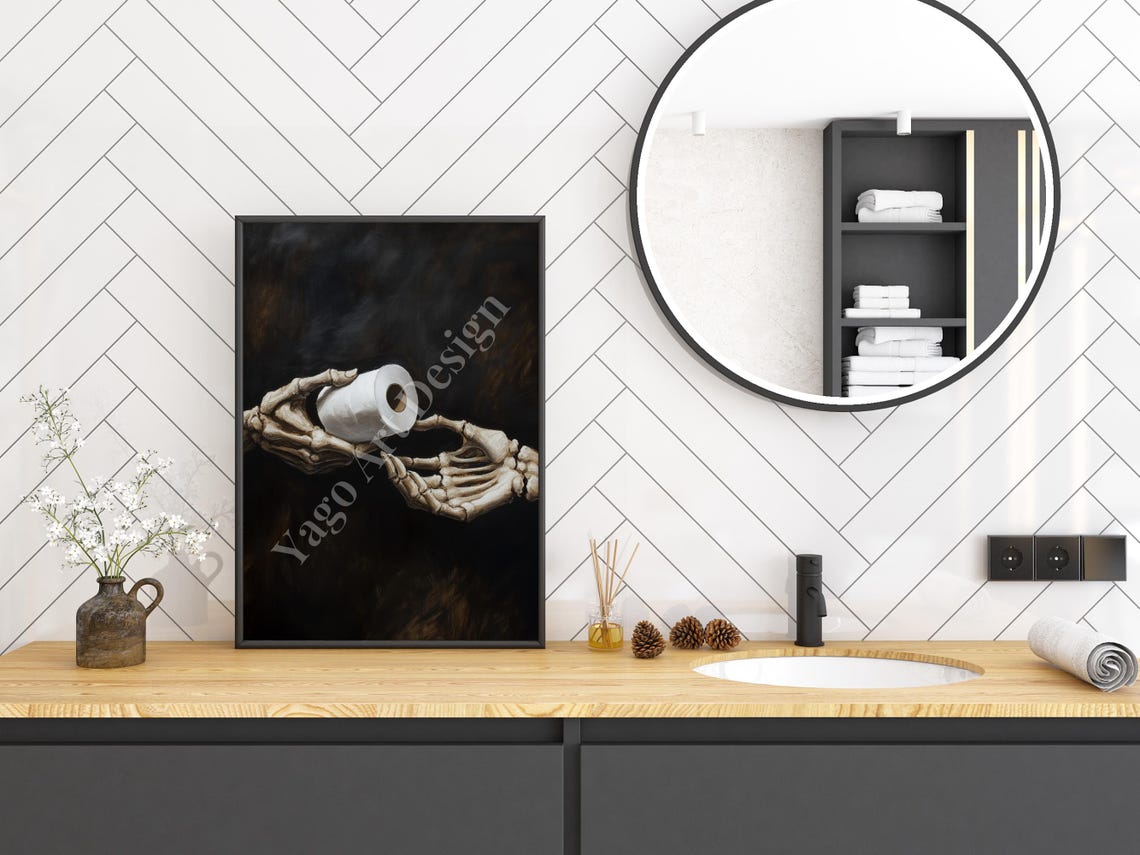 Skeleton Hands Offering Last Toilet Paper Roll Dark Humor Poster - Image 3