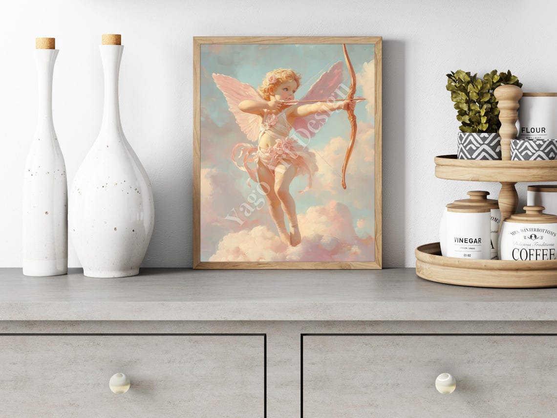 Cupid With Bow And Arrow Flying Pastel Clouds Valentine Poster - Image 2
