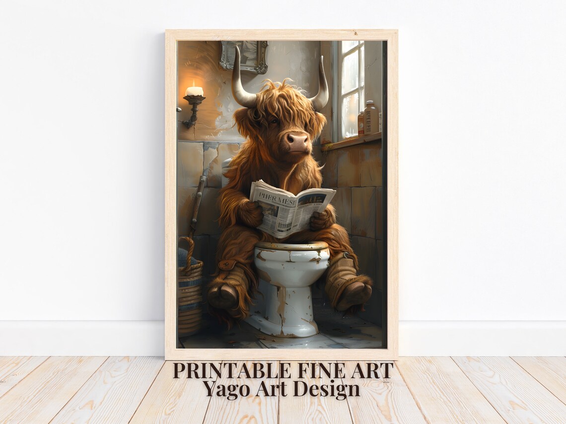 Highland Cow Sitting On Toilet Reading Newspaper Vintage Wall Art Funny Bathroom Print Animal On Toilet Poster Whimsy Animal Wall Art