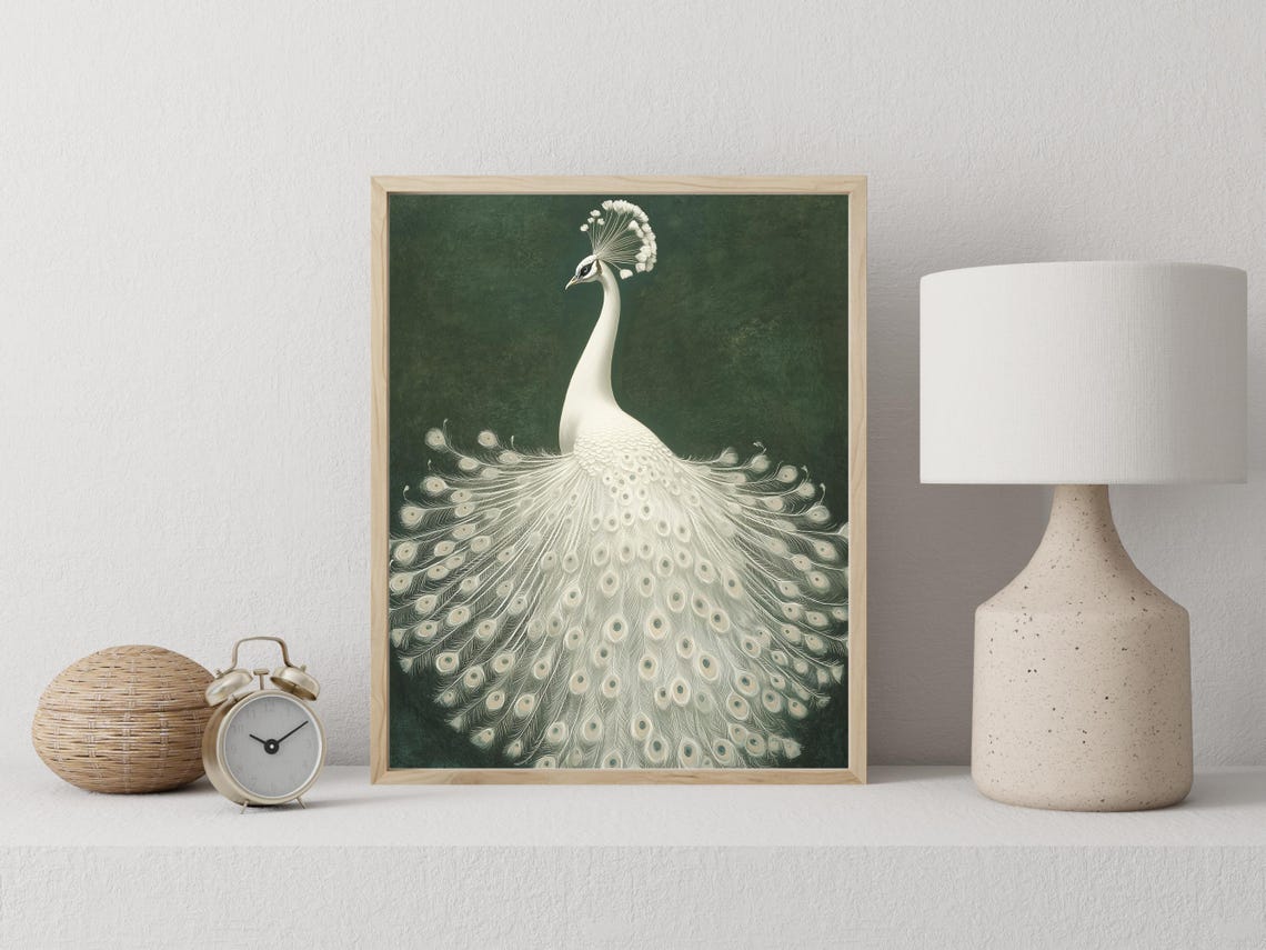 White Peacock with Fanned Tail on Dark Green Elegant Art Poster - Image 4