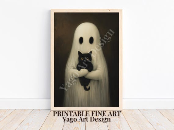 Ghost Holding Black Cat Art Print Dark Romantic Ghost Ghost Spooky Decor Cute Ghost Cat Wall Decor Nursery Halloween Art Poster