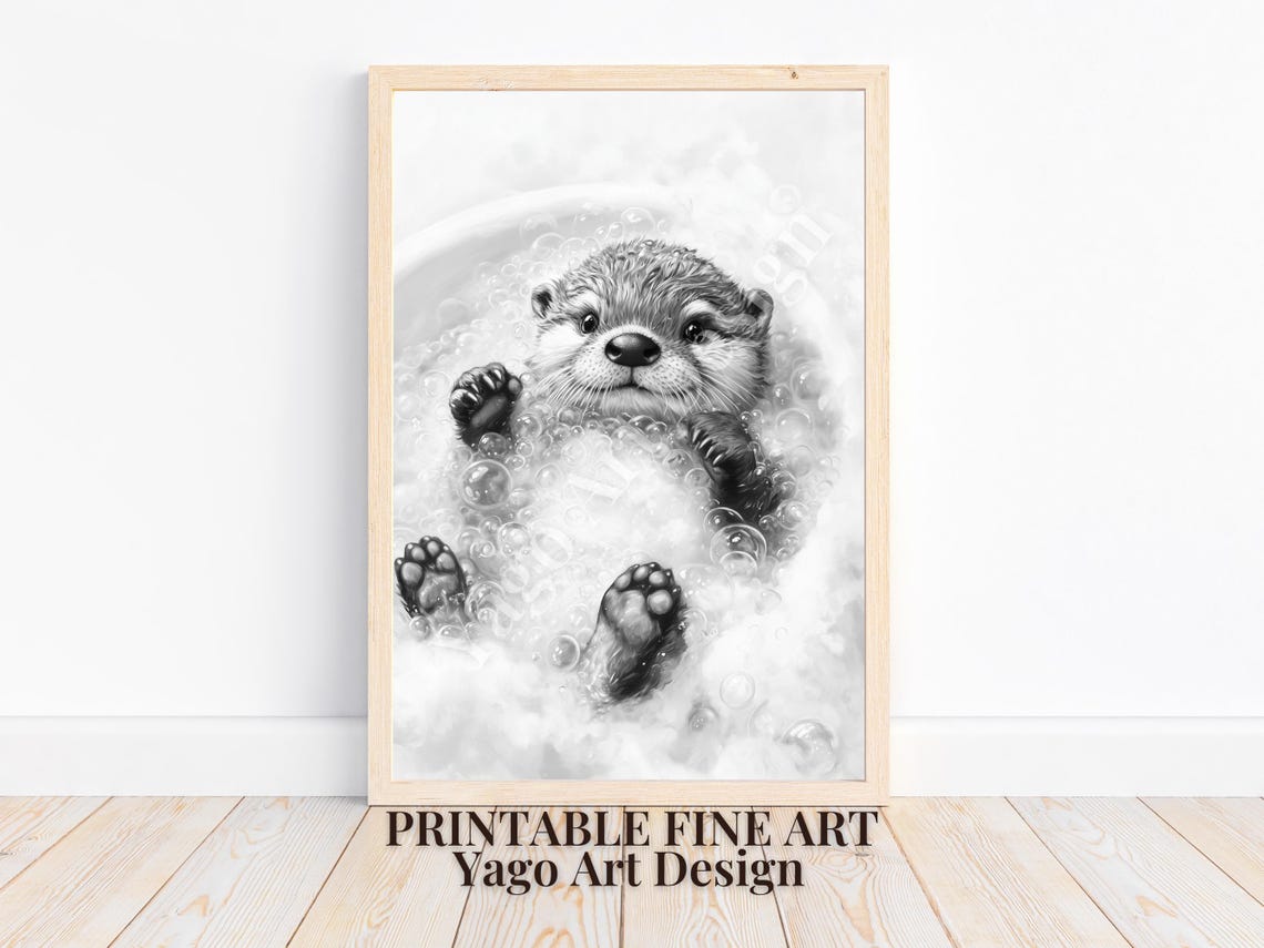 Baby Otter Bubble Bath Poster Minimalist Black White Nursery Art