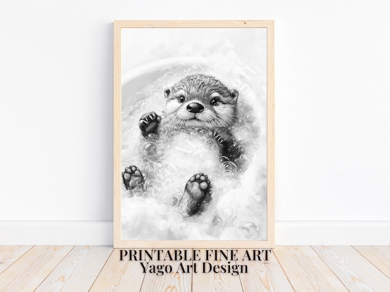Baby Otter Bubble Bath Poster Minimalist Black White Nursery Art