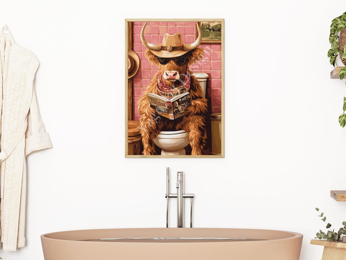 Cowgirl Highland Cow Sitting On Toilet Art Print Rustic Farmhouse Bathroom Decor Trendy Preppy Pink Toilet Poster Retro Western Cowgirl - Image 2