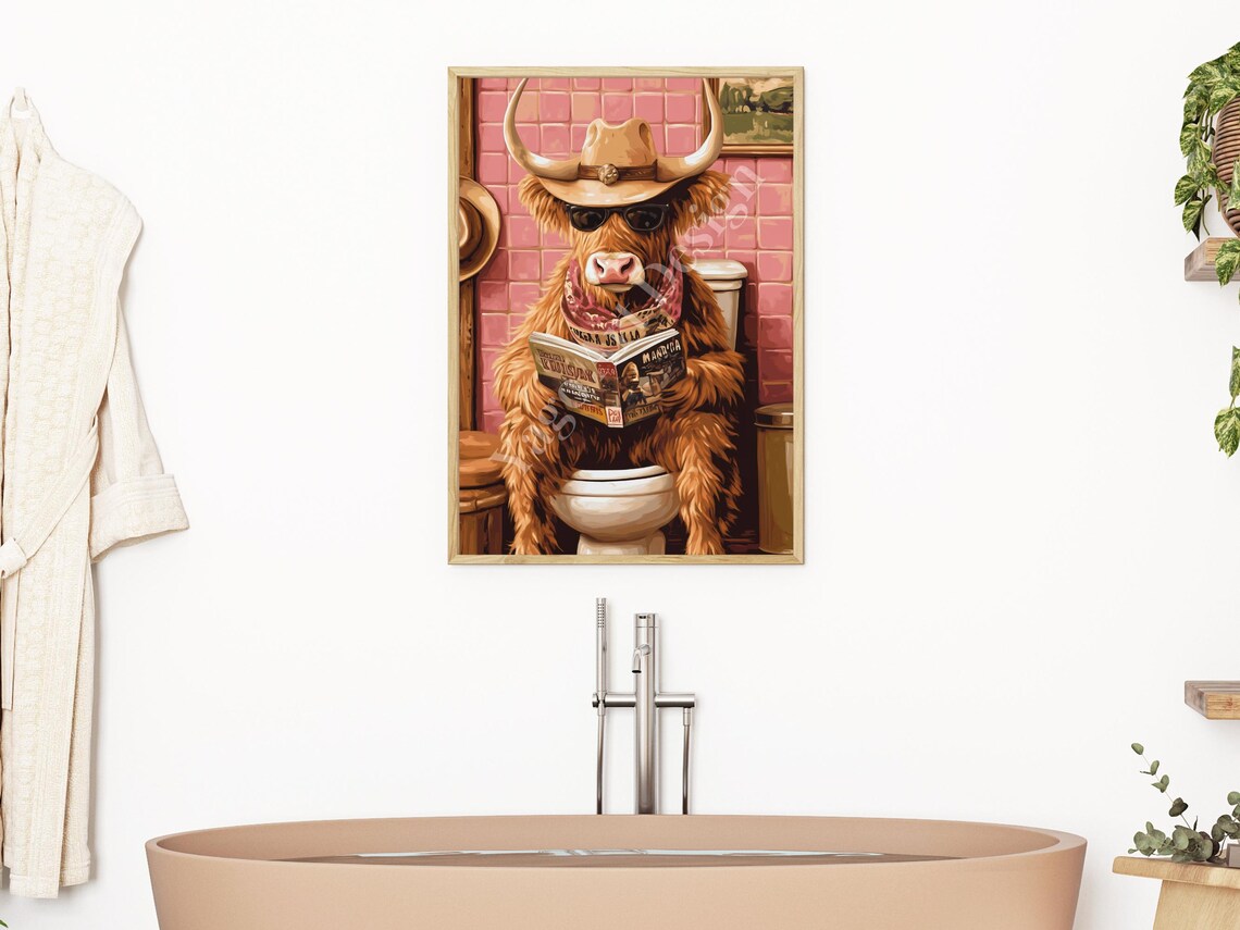 Highland Cow Cowboy Hat Sunglasses Reading Magazine Funny Poster - Image 2