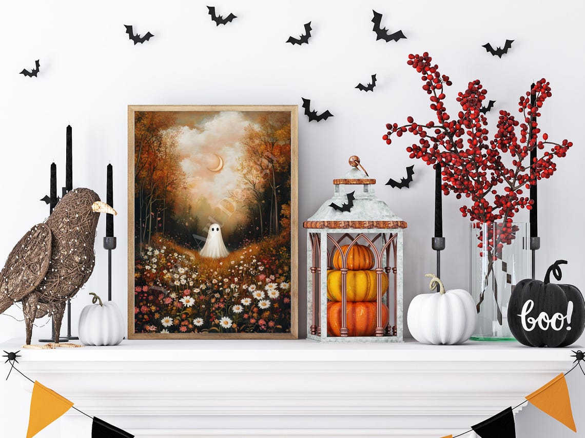 Cute Ghost in Wildflower Meadow at Sunset with Crescent Moon Poster - Image 4