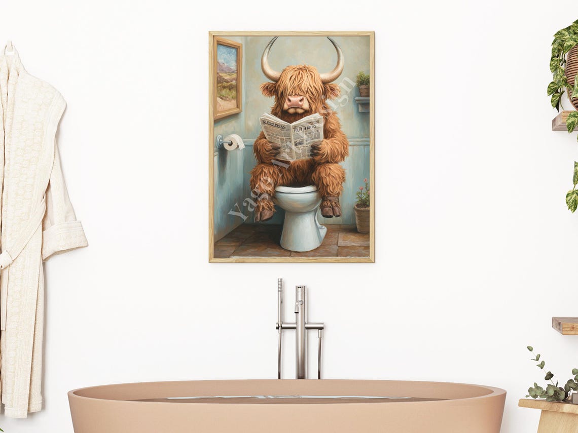 Highland Cow Sitting On Toilet Art Print Funny Bathroom Print Animal On Toilet Poster Whimsy Animal Wall Art Modern Pastel Fine Painting - Image 2