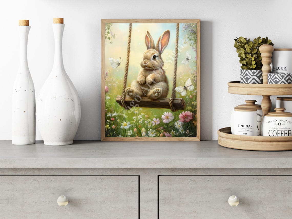 Bunny On Wooden Swing Spring Meadow Butterflies Wildflowers Poster - Image 2