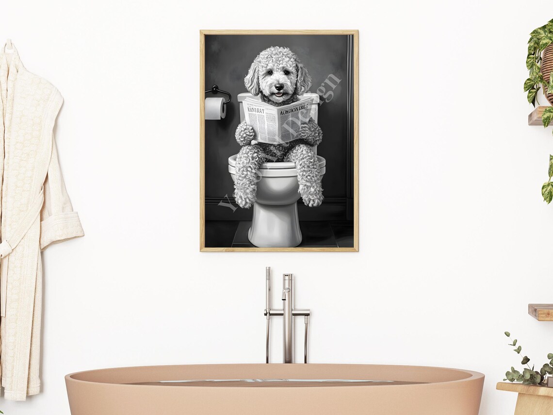 Goldendoodle Dog Reading Newspaper on Toilet Dark Bathroom Poster - Image 3