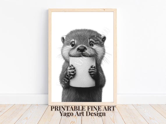 Otter Biting A Roll Of Toilet Paper Art Print Cute Otter Holding Tp Roll Adorable Animal Bathroom Art Minimalist Black And White Decor