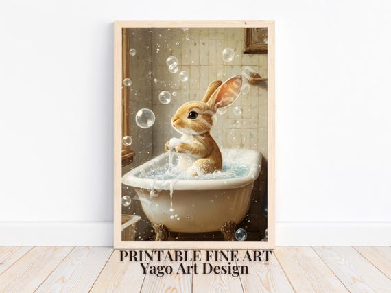 Easter Bunny In Bathtub Wall Art Print Rabbit In Bathroom Wall Decor Bathroom Animal Art Prints Funny Bathroom Decor Cute