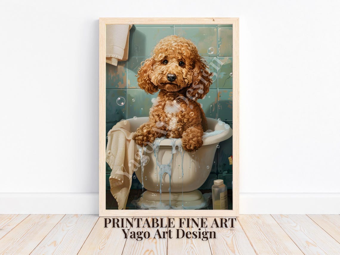 Apricot Poodle Puppy Bubble Bath Cute Vintage Bathroom Poster