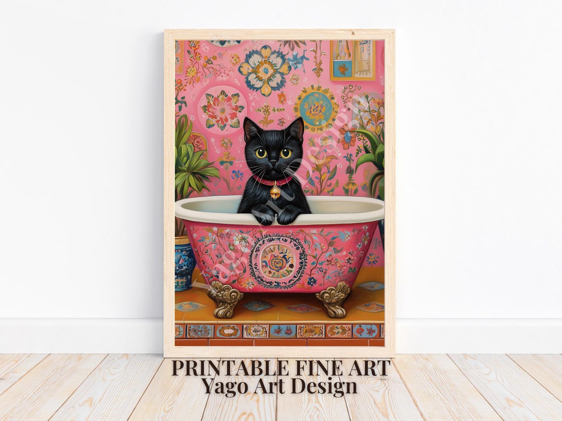 Black Cat In Pink Floral Clawfoot Bathtub Maximalist Decor Poster - Image 4