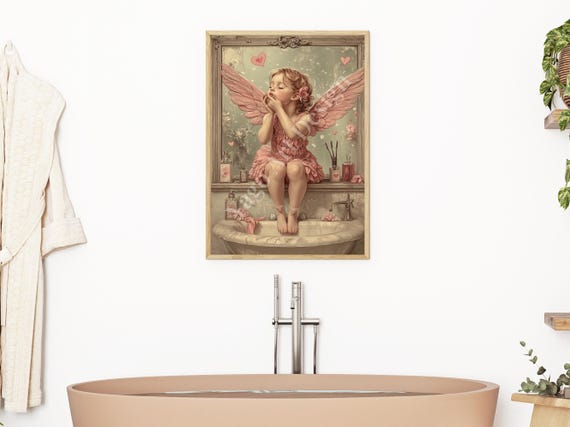 Cupid Blowing Kisses Wall Art Print Cute Cupid Wall Art Vintage Valentines Day Art Lovely Bathroom Decor Kids Bathroom Poster