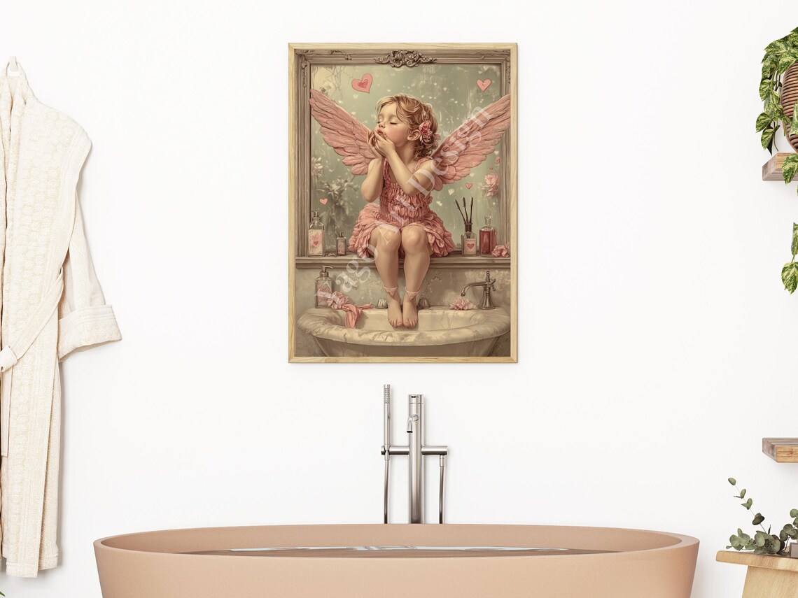 Pink Angel Girl Blowing Kisses Vintage Vanity Bathroom Poster