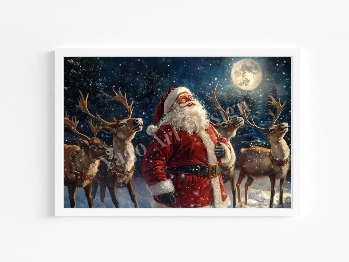 Santa Claus with Reindeer Under Moonlight Poster Night Sky Art - Image 4