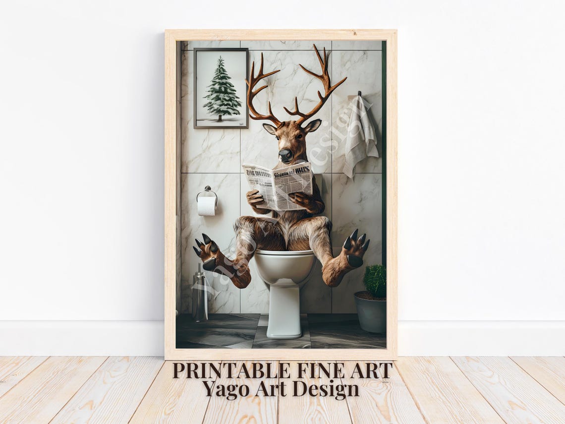 Funny Reindeer Reading Newspaper on Toilet Christmas Bathroom Poster