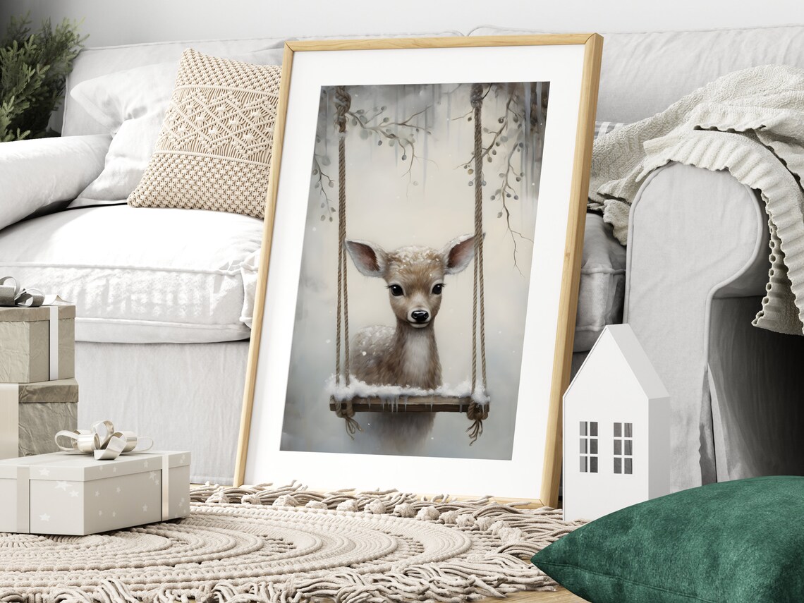 Baby Deer on Swing in Snowy Woods Cute Winter Animal Wall Art - Image 3