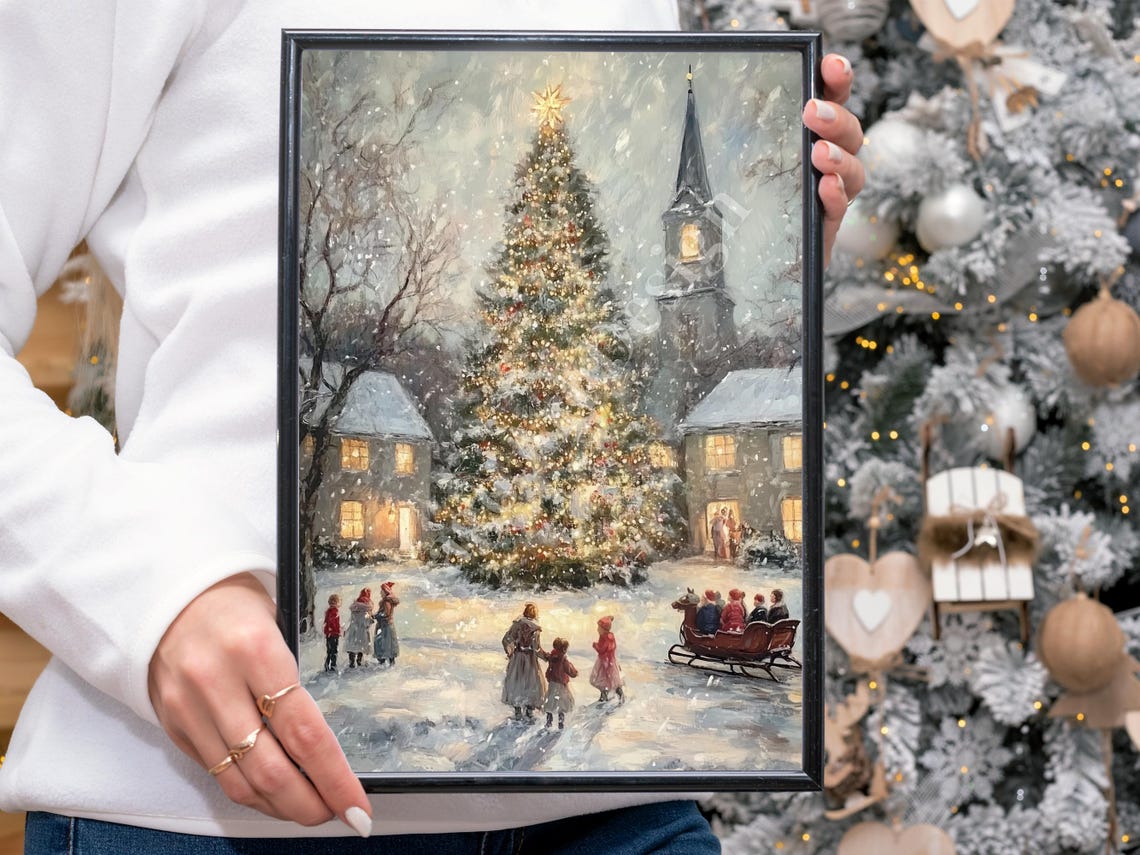 Snowy Village Christmas Tree Gathering Vintage Holiday Scene Poster - Image 4