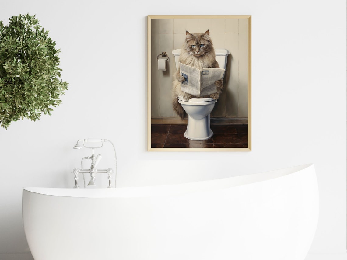 Ragdoll Cat On Toilet Reading Newspaper Funny Bathroom Poster - Image 4