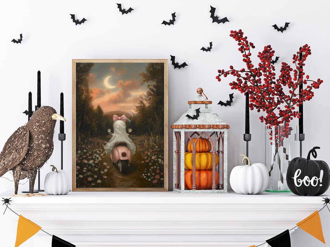 Cute Ghost with Pink Bow Riding Scooter on Forest Path Art Poster - Image 4