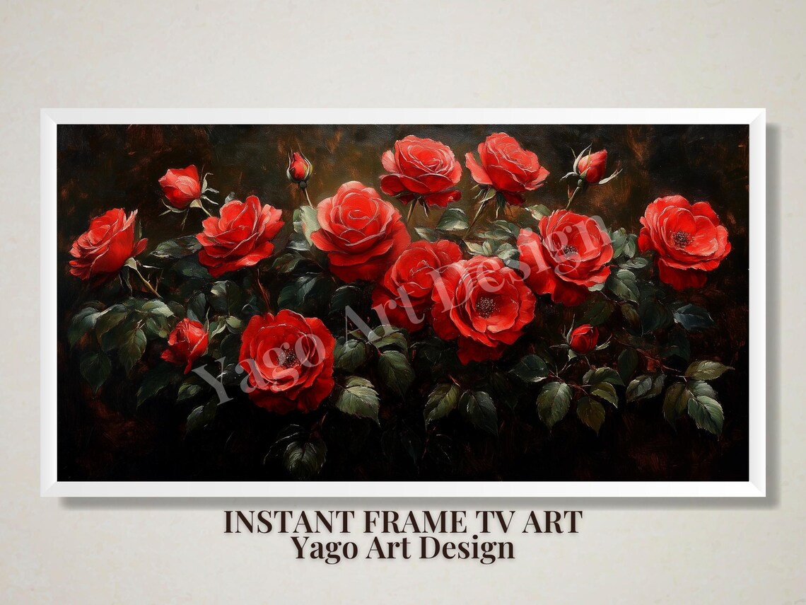 Romantic Red Roses Bouquet Vintage Dark Floral Painting Poster - Image 2