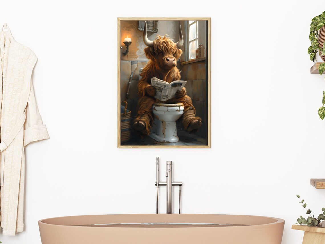 Highland Cow Sitting On Toilet Reading Newspaper Vintage Wall Art Funny Bathroom Print Animal On Toilet Poster Whimsy Animal Wall Art - Image 3