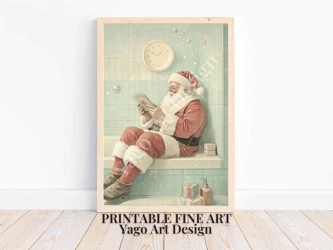 Santa Claus Reading Newspaper on Bathtub Edge Vintage Christmas Poster