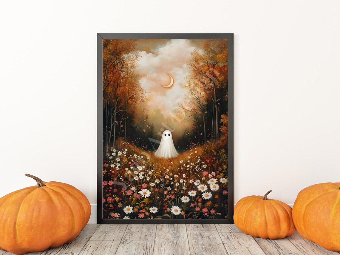 Cute Ghost in Wildflower Meadow at Sunset with Crescent Moon Poster - Image 3