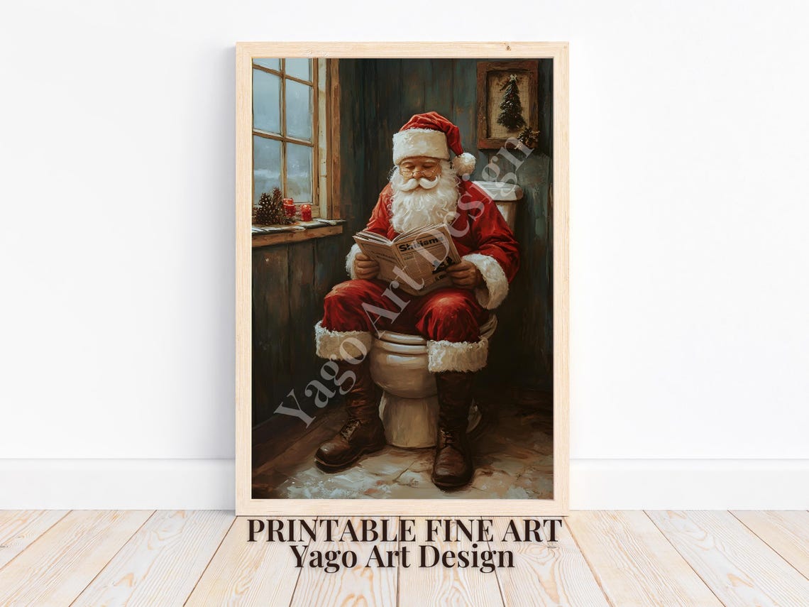 Santa On Toilet Reading Newspaper Rustic Bathroom Christmas Print