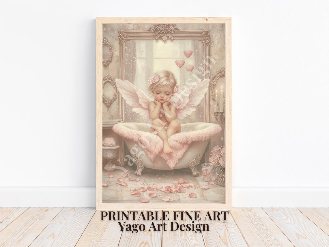 Cupid Angel Relaxing in Clawfoot Bathtub Valentine Bathroom Poster