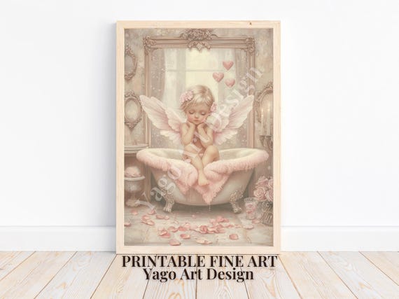 Cupid In Bathtub Valentines Day Wall Art Print Cute Romantic Cupid Decor Valentines Day Wall Art Cute Bathroom Decor Kids Bathroom Art