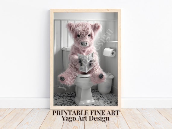 Highland Cow Sitting On Toilet Pink Highland Calf Bathroom Decor Cute Pink Bathroom Print Animal On Toilet Poster Whimsy Animal Art