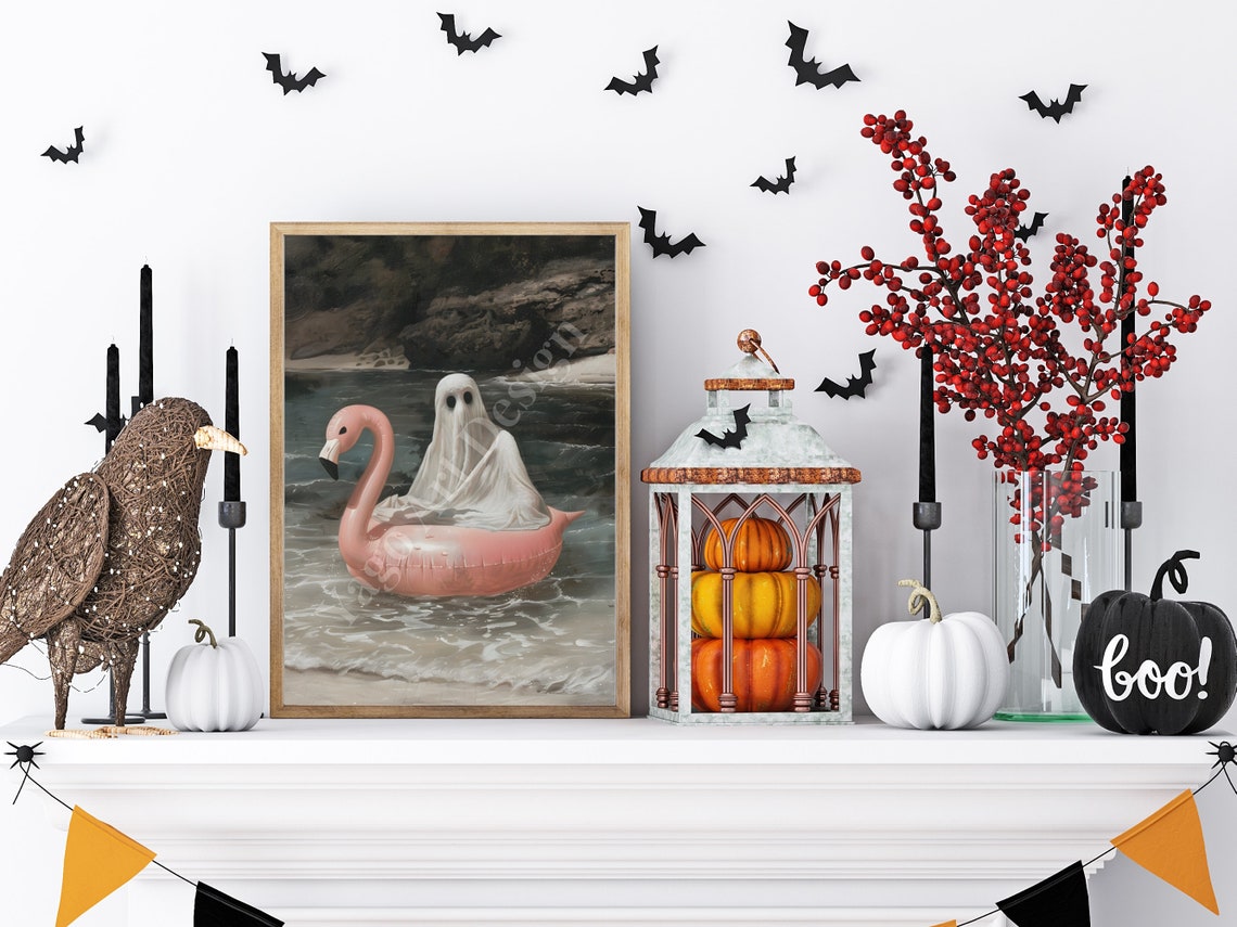 Cute Ghost Floating on Pink Flamingo Pool Float Summer Poster - Image 4
